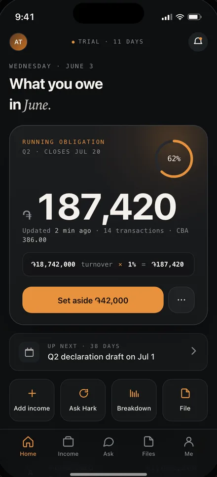 Hark home screen — running turnover-tax obligation for the quarter with a set-aside action.